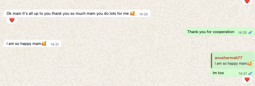 WhatsApp conversation: a client thanks the team and writes, "I am so happy mam".