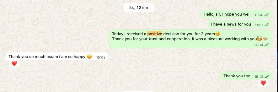 WhatsApp conversation: after receiving news of a positive decision for three years, a client replies, "Thank you so much maam i am so happy".