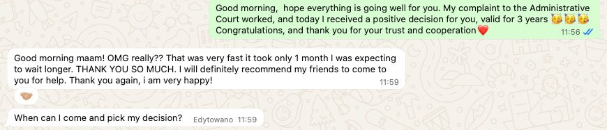 WhatsApp conversation: a client thanks the team after a successful administrative court complaint and writes, "I will definitely recommend my friends to come to you for help".