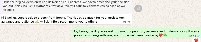 WhatsApp conversation: a client writes, "Thank you so much for your assistance, guidance and patience", and says they will recommend the team to others.