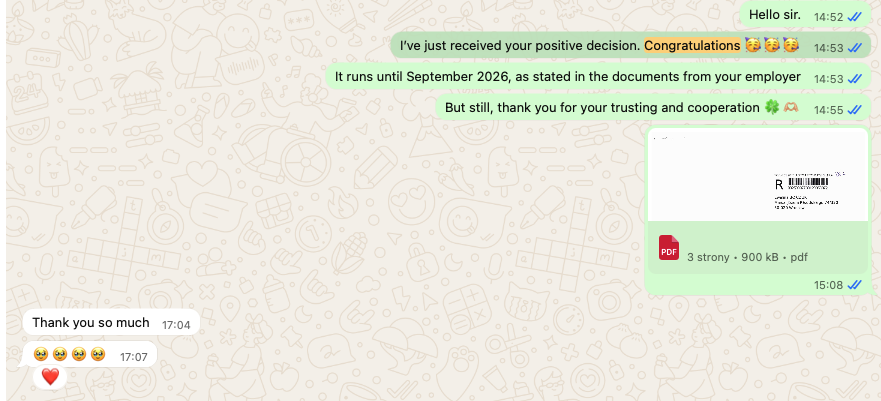 WhatsApp conversation: after receiving a positive decision, a client replies, "Thank you so much", with emotional emojis and a heart.