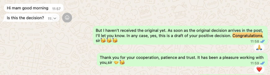 WhatsApp conversation: a client asks about their decision. The team confirms a positive draft decision and thanks the client for their cooperation, patience and trust.